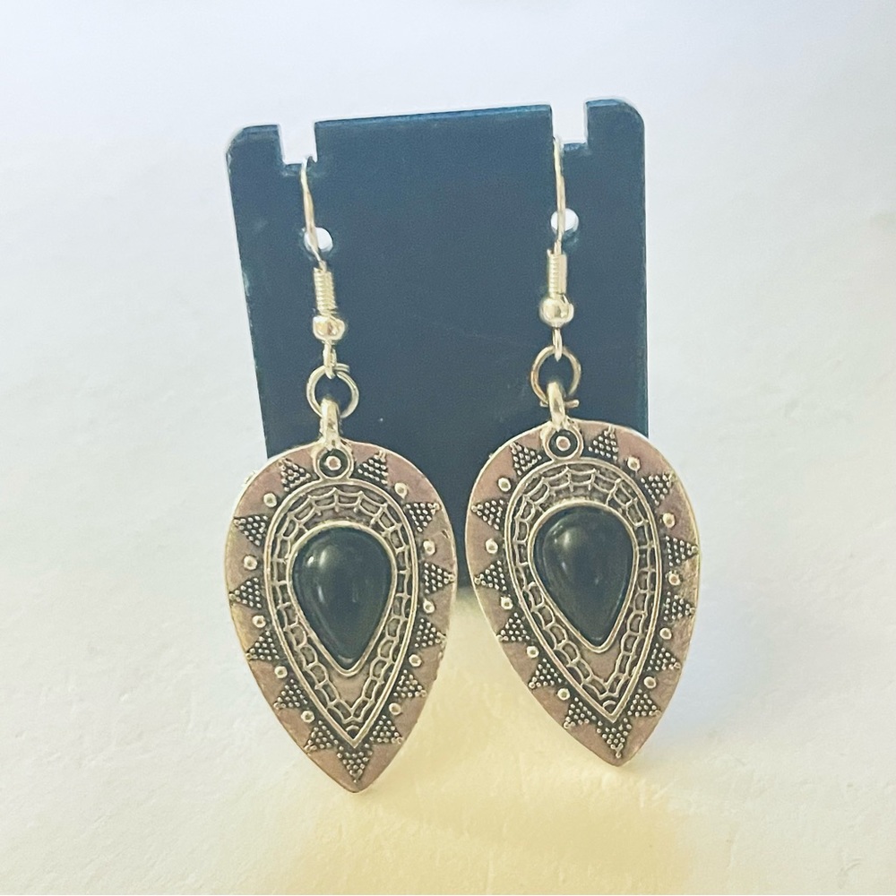 New S925 Sterling Silver Artisan Natural Polished Black Onyx Tibetan Earrings - Picture 9 of 13